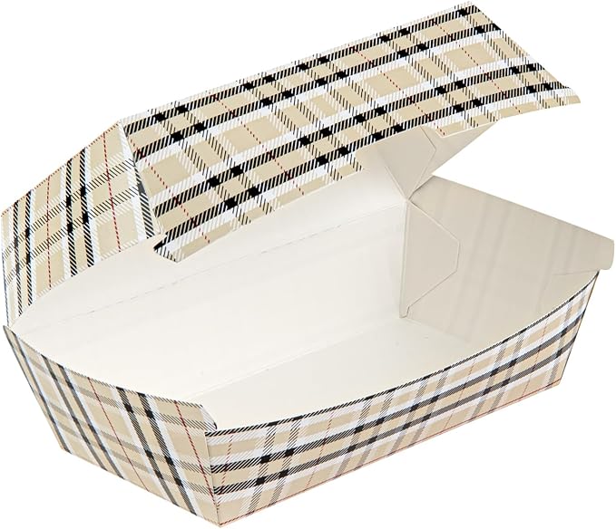 Restaurantware Bio Tek 6.7 x 3.5 x 3.5 Inch Clamshell Food Containers 100 Disposable Sandwich Containers - Hinged Lid Tab-Lock Closure Plaid Paper Hot Dog Containers Durable Greaseproof