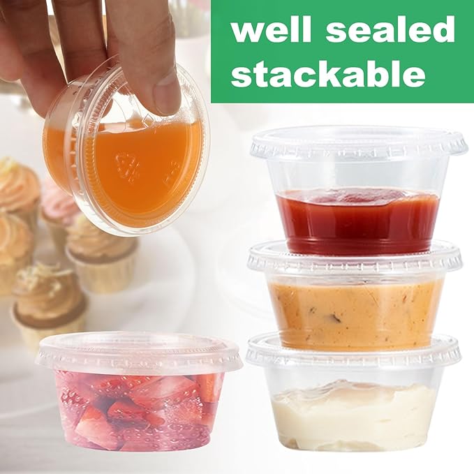 500 Sets 2 Oz Disposable Plastic Portion Cups | Jello Shot Cups with Lid, Plastic Souffle Cups | Sauce Cups with Lids Bulk, Small Plastic Condiment Containers with Lids for Sauce Dressing or Shots