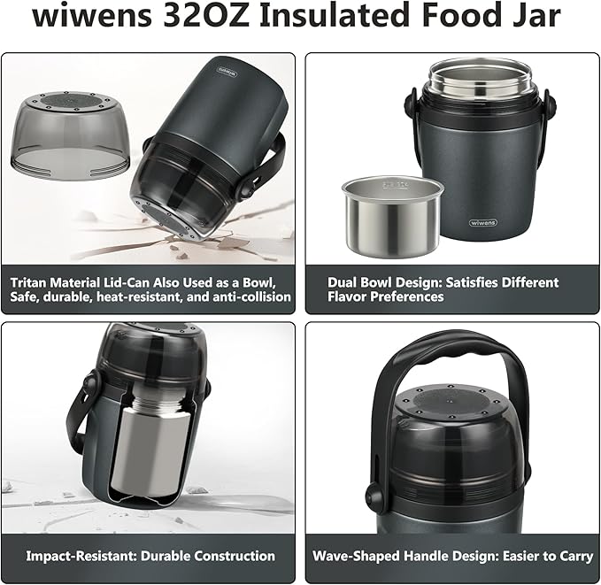 32oz Lunch Containers for Adults Kids Soup Thermo for Hot Food Jar Stainless Steel Insulated Vacuum Leak Proof Wide Mouth Thermal Bento Box with Spoon and Tritan Lid
