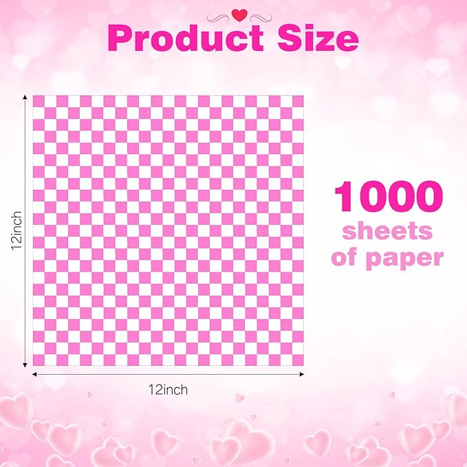 Spakon 1000 Sheets Wax Deli Paper Sheets for Food 12 x 12 Inch Checkered Dry Waxed Deli Basket Liners for Sandwich Wrapping, Food Basket Liners, Picnic party (Hot Pink-white)