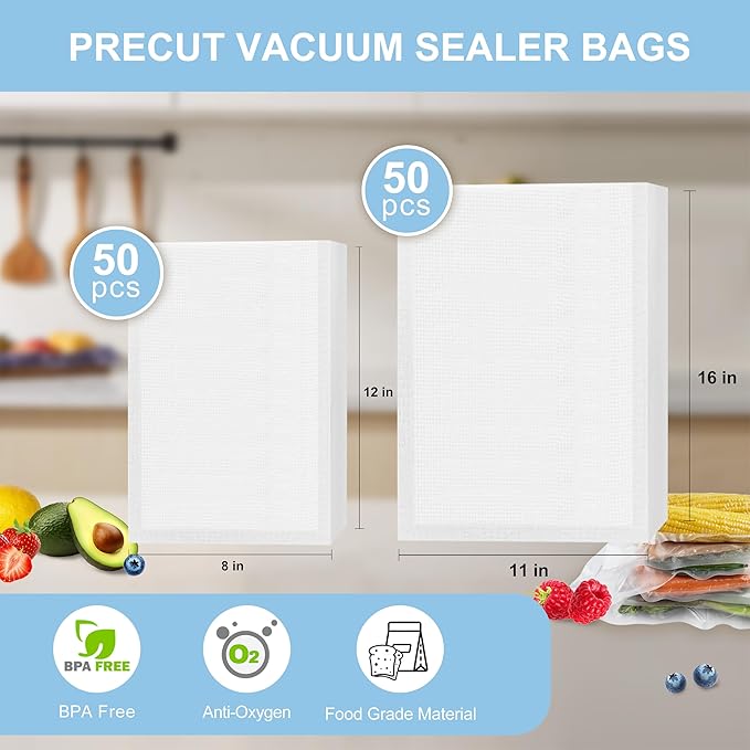 100pcs Vacuum Sealer Bags, Gallon 11"x16" and Quart 8"x12" Food Saver Bags, Pre-cut Commercial Grade Vac Bags for Food Storage, BPA Free, Heavy Duty, Meal Prep or Sous Vide Cooking