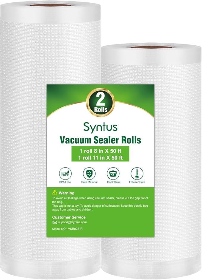Syntus Vacuum Sealer Bags for Food, 1 Roll 8" x 50' and 1 Roll 11" x 50' Commercial Grade Bag Rolls, BPA Free Food Vac Bags for Storage, Meal Prep or Sous Vide