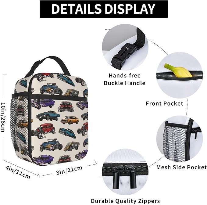 Insulated Lunch Box for Toddler Boys Kids Cars Lunch Box for Work,Picnic,School,Travel,Hiking,Beach or Fishing Polyester Cars Vintage Colorful Theme Lunch Bag