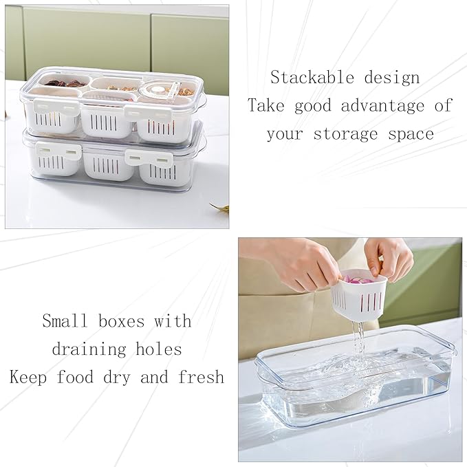 MineSign 2Pack Divided Food Serving Tray with Lids Stackable Snackle Box for Candy Nuts Spice Fruit&Veggie Container with 6 Small Dividers Plastic Storage Bins for Fridge Pantry Freezer