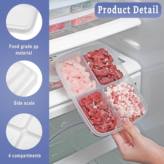 8 Pcs 4 Compartment Food Storage Containers with Lids, BPA-Free Divided Serving Tray Container Reusable, Plastic Freezer Storage Containers for Storing Fruits, Vegetables, Meat