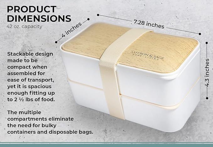Saffron & Sage Bento Lunch Box - 42oz White Japanese style Bento Box for Adults or Kids with Cutlery, Chopsticks, Sauce Container and Bento Bag - Leak proof, Dishwasher, Freezer, Microwave safe