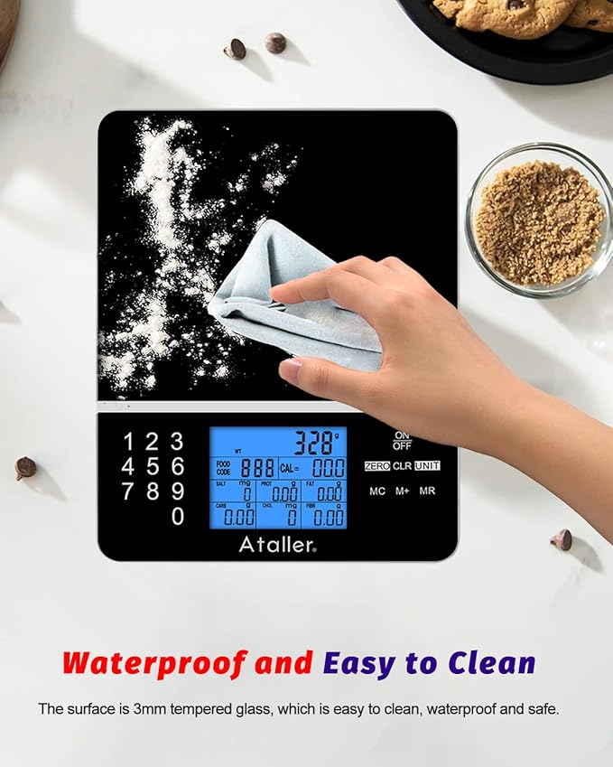 Ataller Food Scale with Nutritional Calculator, Kitchen Diet Scale, Digital Food Calorie Counting Scale for Meal Prep, Kitchen, Baking, Weight Loss, Resolution 1g, Max 5kg 11Ib, Tempered Glass, Black