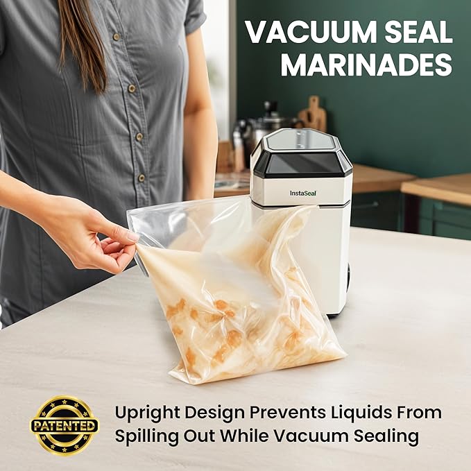 InstaSeal Vacuum Sealer for Food with 12 Bags, Compact Upright Food Vaccum Sealer Machine Allows to Seal Marinades, Soups, Vegetables, Meats for Sous Vide Cooking, Saver Keeps Food Fresher Longer