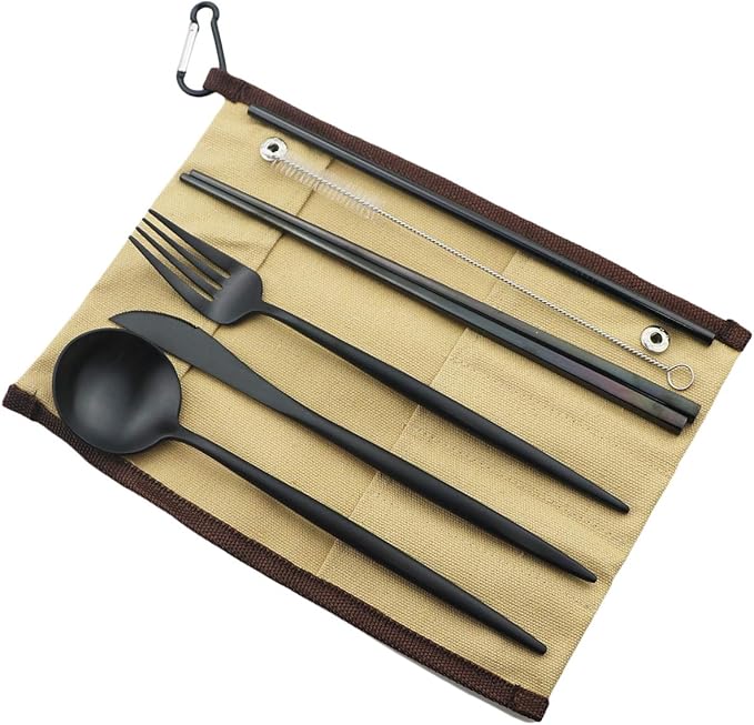 Reusable Travel Utensils, 7 Piece Portable 304 Stainless Steel including Knife Fork Spoon Chopsticks Cleaning Brush Straws Portable Pouch, Eco-friendly Camping Silverware Set, Dishwasher Safe
