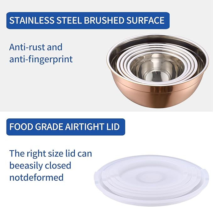 Rose Gold Mixing Bowls With Airtight Lids,Stainless Steel Bowl,Salad Bowls 5 Piece Colorful Nesting Bowl Gold Kitchen Accessories,Size 5.5,3.6,2.7,2.1,1.5QT Stackable Design