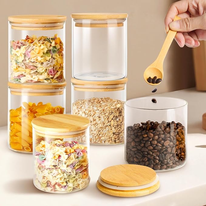 25oz Glass Storage Containers with Lids, Clear Glass Jars for Food Storage, Kitchen Pantry Organizers and Storage Jars, For Overnight Oatmeal, Spice Jar, Cereal, Coffee (Set of 6)