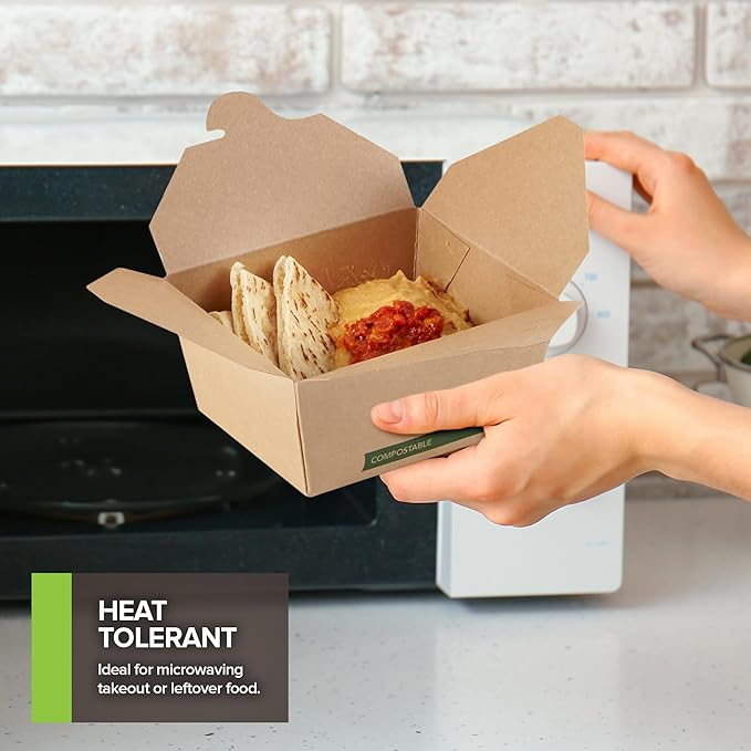 (Set of 50) 30oz Compostable Food Take Out Containers Disposable, Small Microwaveable Paper To Go Boxes, Grease Resistant Natural Kraft Cardboard Lunch Box, Takeout, Biodegradable, Eco-Friendly