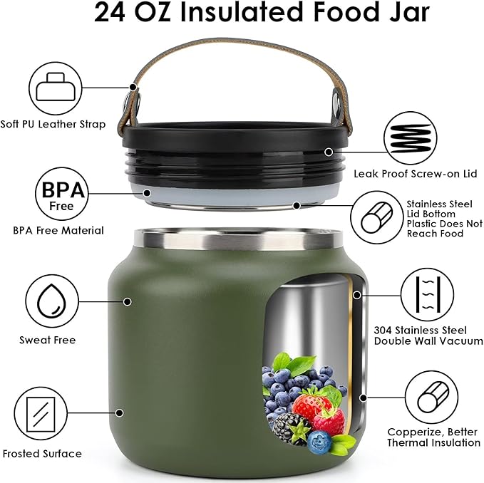 Insulated Food Jar,24 OZ Leakproof Insulated Food Soup Container,Stainless Steel Vacuum Thermal Insulated Hot Lunch Containers for Adults Wide Mouth Food Jar for Hot Cold Food(Green)