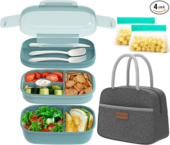 JBGOYON® Bento Lunch Box for Adults, Kids, Men, and Women – Includes Stackable Lunch Containers and Lunch Bag, Perfect for Boys and Girls, Microwave Safe and BPA-Free(Green )