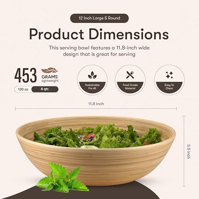 LEXA 12" Handmade Natural Bamboo Wooden Salad Bowl - 130 oz Lightweight Large Wooden Bowls for Food - Bamboo Wooden Fruit Bowl for Kitchen Counter, Wood Bowls for food - Wooden Serving Bowl for Snacks