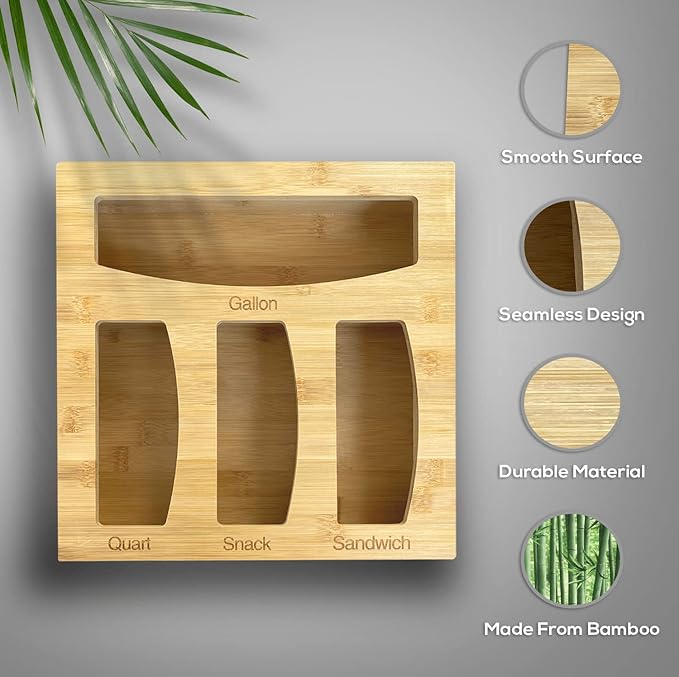 Food Bag Storage Organizer For Kitchen Drawer, Bamboo Baggie Holder,Solimo,Glad,Hefty For Gallon, Quart, Sandwich And Snack Variety Size Bags(1 Box 4 Slots) (1)