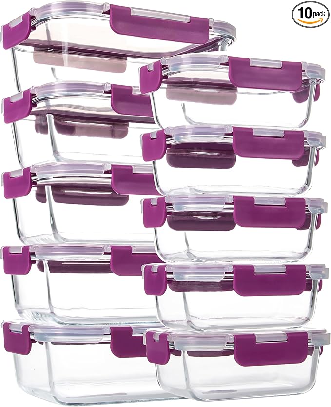 10 Pack Glass Food Storage Containers with Airtight Lids, Ideal for Meal Prep, Lunches - Microwave and Dishwasher Safe, Deep Purple