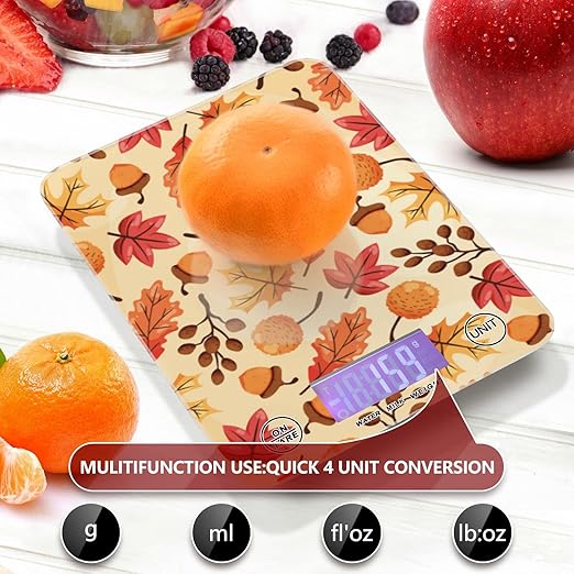 Food Scale Kitchen Digital Scale Food Ounces and Grams Dieting Baking Cooking Waterproof Glass Panels LCD Display,4 Units Scale Tare Function Fall Leaves