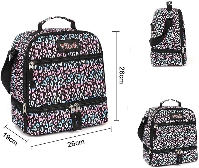 Tilami Lunch Bags Insulated Adjustable Strap Zipper, Two Compartments Cooler Bags, Bento Bags for Kids Toddlers, Colorful Leopard