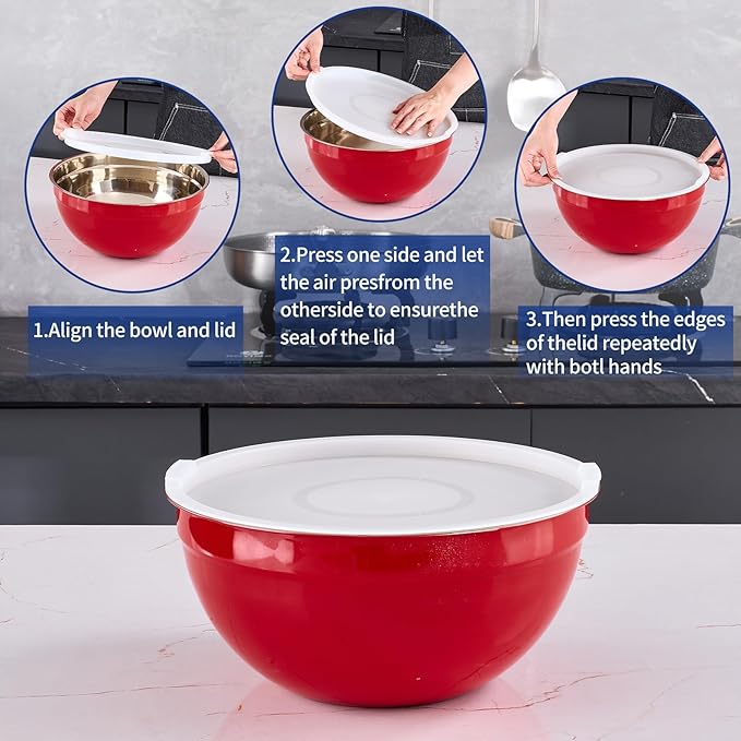 Red Mixing Bowls With Airtight Lids,Stainless Steel Bowl,Salad Bowls 7 Piece Colorful Nesting Bowl Rainbow Kitchen Accessories,Size 7,3.6,2.7,2.1,1.5,1.1,0.8QT Stackable Design