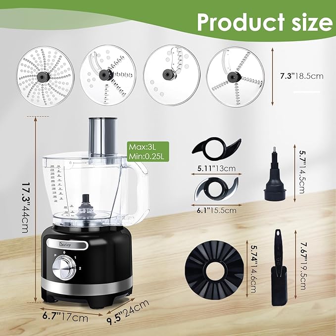 Davivy Food Processor 16-Cup (3.8L/128oz) – 9-in-1 Multifunction Vegetable Chopper, Cheese Grater & Dough Kneader with 600W Motor – Shred, Slice, Emulsify & Chop for Home Use, Black
