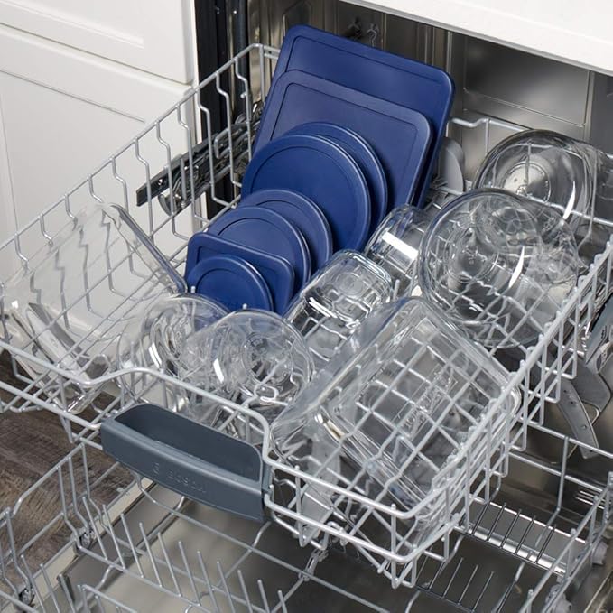 Anchor Hocking 16 Piece Glass Storage Containers with Lids (8 Glass Food Storage Containers & 8 Navy Blue SnugFit Lids)