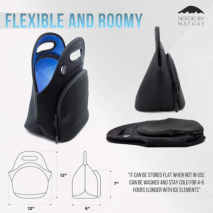 Nordic By Nature Neoprene Lunch Bag, Extra Side Pocket, Thick Insulated Tote With Bottle Sleeve, Flexible & Durable (blue Ocean)