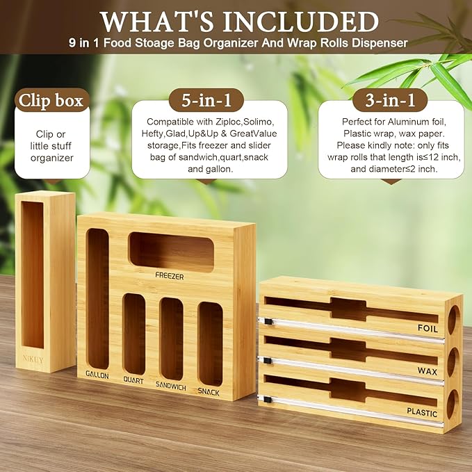 9 IN 1 Bamboo Foil and Plastic Wrap Organizer for Kitchen Drawer, Plastic Bag Organizer Organization and Storage, Food Storage Bag Organizer with Labels for Quart Gallon Snack Sandwich Bag