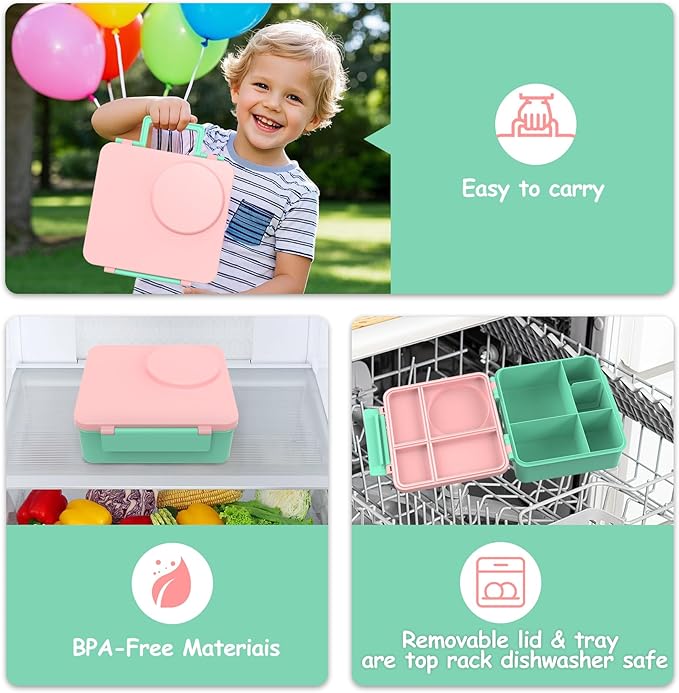 Bento Lunch Box for Kids with 12oz Soup Thermo, Leak-Proof Lunch Containers with 5 Compartments, Insulated Lunch Bag, Thermo Hot Food Jar with Spoon for Kids to School, Travel, Pink