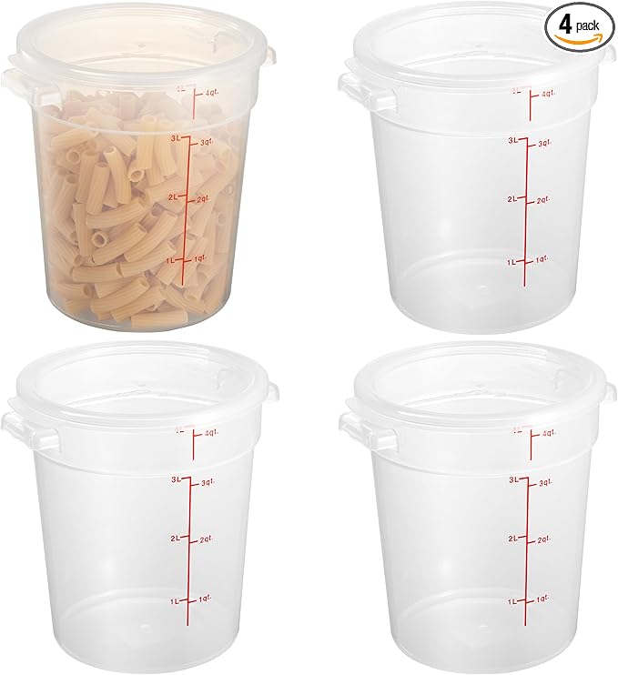 CURTA 4 Quart Translucent Round Food Storage Container with Lid, Pack of 4 – NSF Listed, BPA-Free, Commercial-Grade Polypropylene, Freezer & Dishwasher Safe, Non-Stick, Easy-Read Graduations