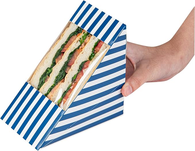 Restaurantware-Cafe Vision 4.8 x 3.2 Inch Sandwich Paper Boxes, 200 Large Sandwich Wedge Boxes - With Window, Disposable, Blue And White Paper Triangle Sandwich Containers, Striped, Grease-Impervious
