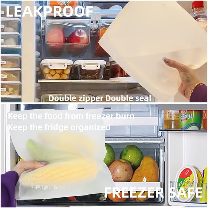 Reusable Freezer Bags, 4 Pack PEVA Material Reusable Storage Bags, Leak proof Reusable Bags Silicone, Plastic Free for Fruit, Marinate Meat, Cereal, Sandwich, Snack, Travel Items