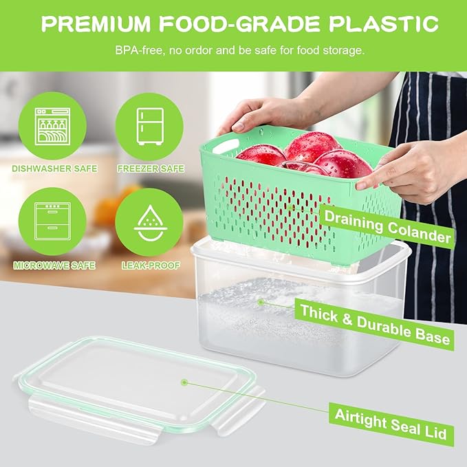 TBMax 4 Pack Fruit and Vegetable Storage Containers for Refrigerator, Produce Saver with Fridge Organizers, Plastic Freezer Containers - Green
