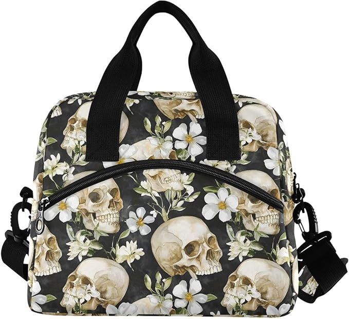 MNSRUU Insulated Lunch Bag Skull White Flower Women Men Fabric Dinner Tote Cooler Bag Reusable Leakproof Lunch Box with Adjustable Shoulder Handles Strap For Work School