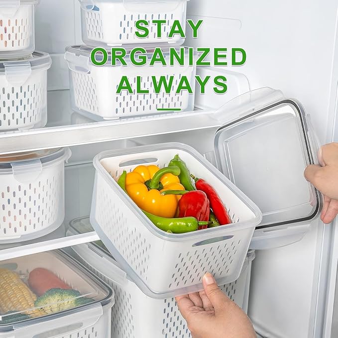 5 PCS Fruit storage Containers for Fridge with Removable Colander and Chopper Set, Leakproof Food Storage Containers with lids, Dishwasher & Microwave Safe Produce Containers to Keep Fruits Fresh 
