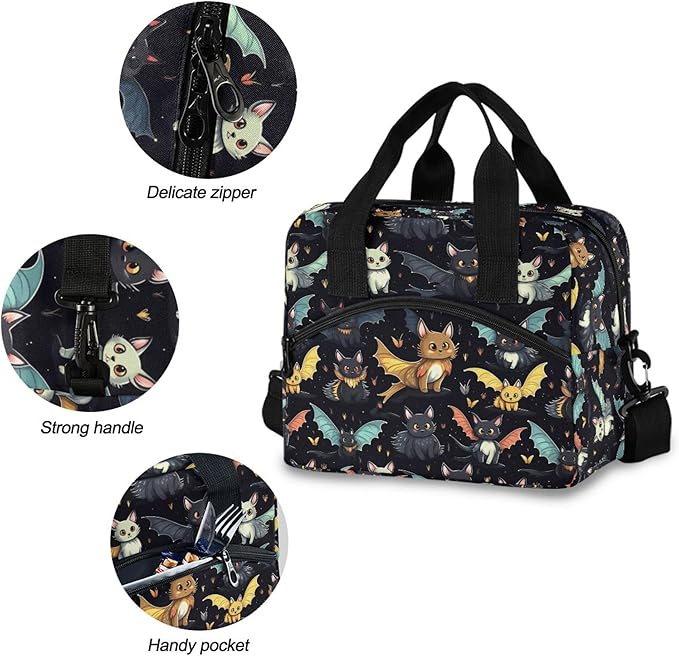 MNSRUU Insulated Lunch Bag Gothic Skull Cat Bat Women Men Fabric Dinner Tote Cooler Bag Reusable Leakproof Lunch Box with Adjustable Shoulder Handles Strap For Work School