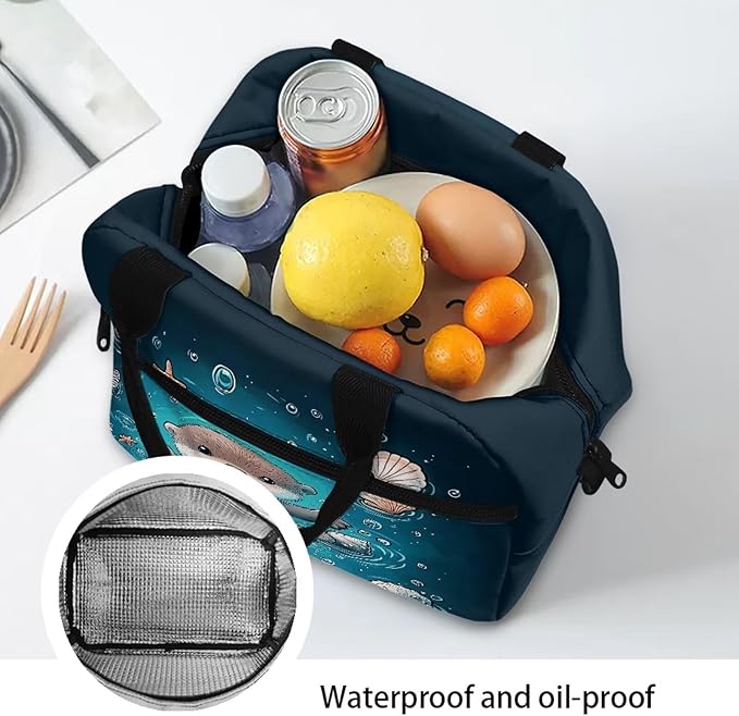 Showudesigns Sea Otter Lunch Bag for Girls 10-12 8-10 Boys Lunch Box Kids Food Containers Reusable Lunchbox Bags for School Work Office Shopping Cooler Tote Bag Blue