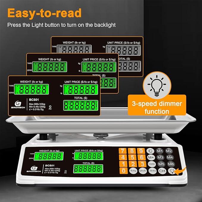 Price Computing Scale 88lb/40kg Commercial Food Scale for Produce Meat with Stainless Steel Large Platform, LCD Display, and Green Bright Backlight for Farmers Markets, Deli, (Not for Trade)