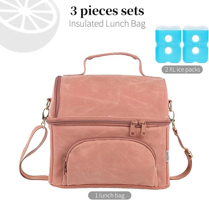 Lunch Box with 2 XL icepacks,Sturdy Waxed Canvas Insulated Lunch Bag for Women, Dual Compartment Soft Cooler Bag For Work, Picnic, Travel, Outdoors (10.5L) 10"x7"x9.5" (Mellow Rose)