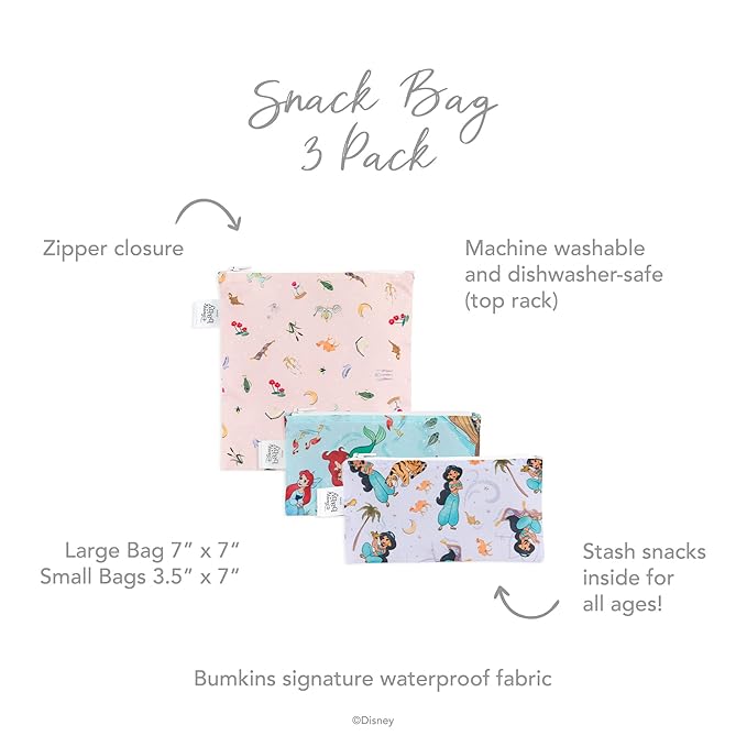 Bumkins Disney Reusable Sandwich and Snack Bags, for Kids School Lunch and for Adults Portion, Washable Fabric, Waterproof Cloth Zip Bag, Travel Pouch, Food-Safe Storage, 3-pk Princess Magic