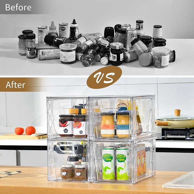 6Pack Stackable Kitchen Storage Organizer, Pantry Organizers and Storage, Clear Foods Organizer Bins with Handles, Easily Assemble for Bathroom, Kitchen, Pantry, Cabinet, Closet