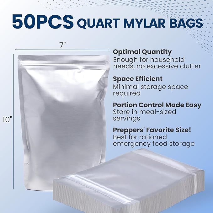50PCS Quart Mylar Bags For Food Storage - 10Mil Thick 7x10 inch Mylar Bags with Oxygen Absorbers 400cc & Labels, Ziplock Bag for Long Term Storage, Heat & Vacuum Seal Large Kitchen Bag