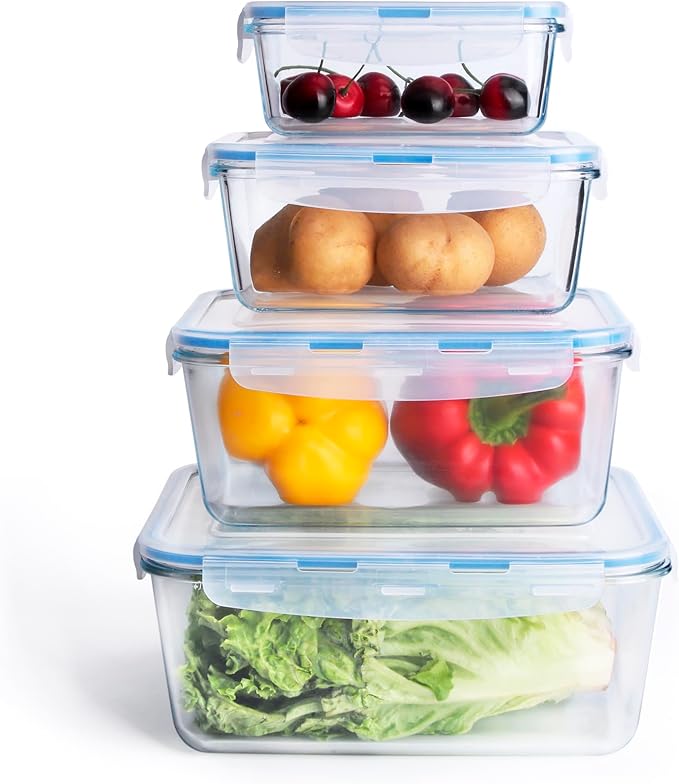 Extra Large Glass Food Storage Containers with Lids, Set-8-Piece Big Size Food Storage Box, Ideal for Storing Food, Vegetables, Fruits, Baking Cake & lot of other Tasty Food (Rectangular)