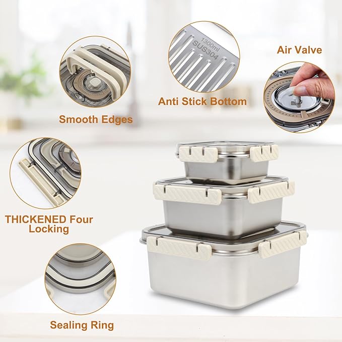 Stainless Steel Food Container with Lid, Meal Prep Container Lunch Box with Handle Date Tracker for Travel, Party, Leftovers, Dishwasher Safe Oven/Freezer Safe Except Lid, 44oz/1300ml