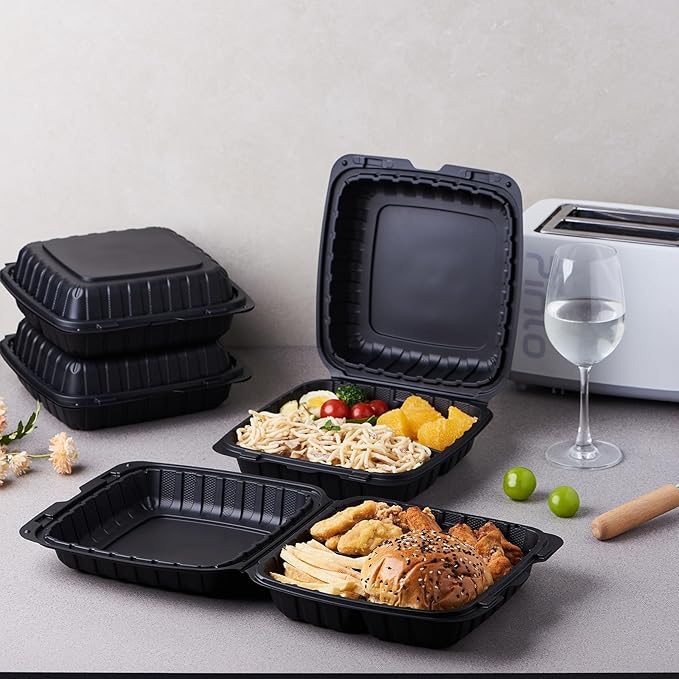 9X9 3-Compartment 50-Pack Plastic Clamshell Takeout Food Trays Heavy Duty Togo Disposable Box For Pasta Salad Sandwich Carryout Hinged Containers With Secure Snap Lid (Formerly FULING)