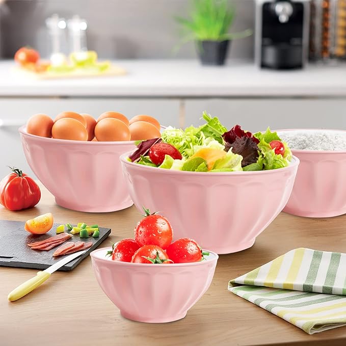 Mixing Bowls with Lids Set,4 Piece Large Plastic Nesting Bowls,Includes 4 Microwave safe Mixing Bowl and An Egg Whisk for Kitchen Prepping,Baking,Cooking Food, Pink
