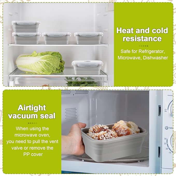 Mifoci Set of 8 Silicone Collapsible Food Storage Containers 17 oz Collapsible Meal Prep Container Square Bowl with Vent Lids, Microwave, Freezer and Dishwasher Safe(Gray)