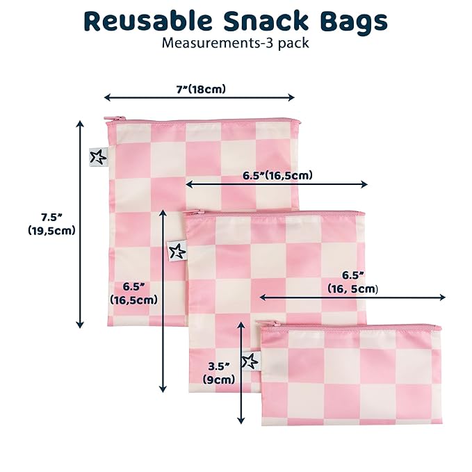 Tiny Twinkle 3 Pack Reusable Snack Bags - Machine Washable, PFAS, PVC, BPA, Phthalate-Free Reusable Baby and Toddler Food Safe Snack Bags (Pink Checkers)