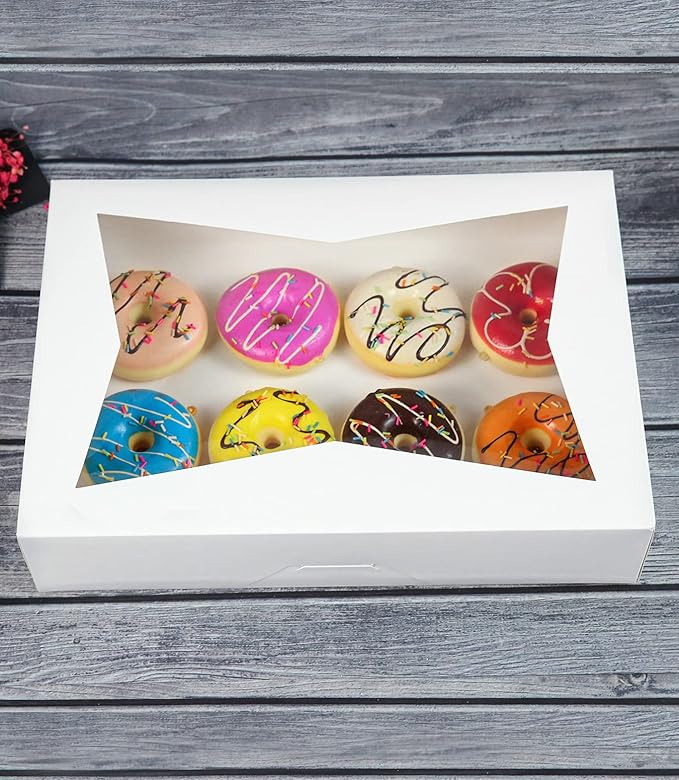 15-PACK White Pastry Bakery Box 16x11x2.75inch,Large Donuts,Muffins,Cookies Boxes with PVC Window Auto-Pop up Paper Box Nature Cardboard Take Out Container,Hold 12 Donuts,Pack of 15