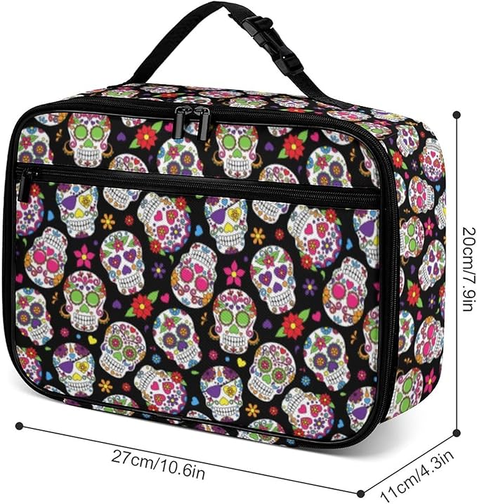 Day of the Dead Sugar Skull Reusable Lunch Box Insulated Lunch Bag Cooler Bag Lunchbox Meal Food Container Tote Bag for Women Kids Girls School Camping Hiking Picnic Beach Travel